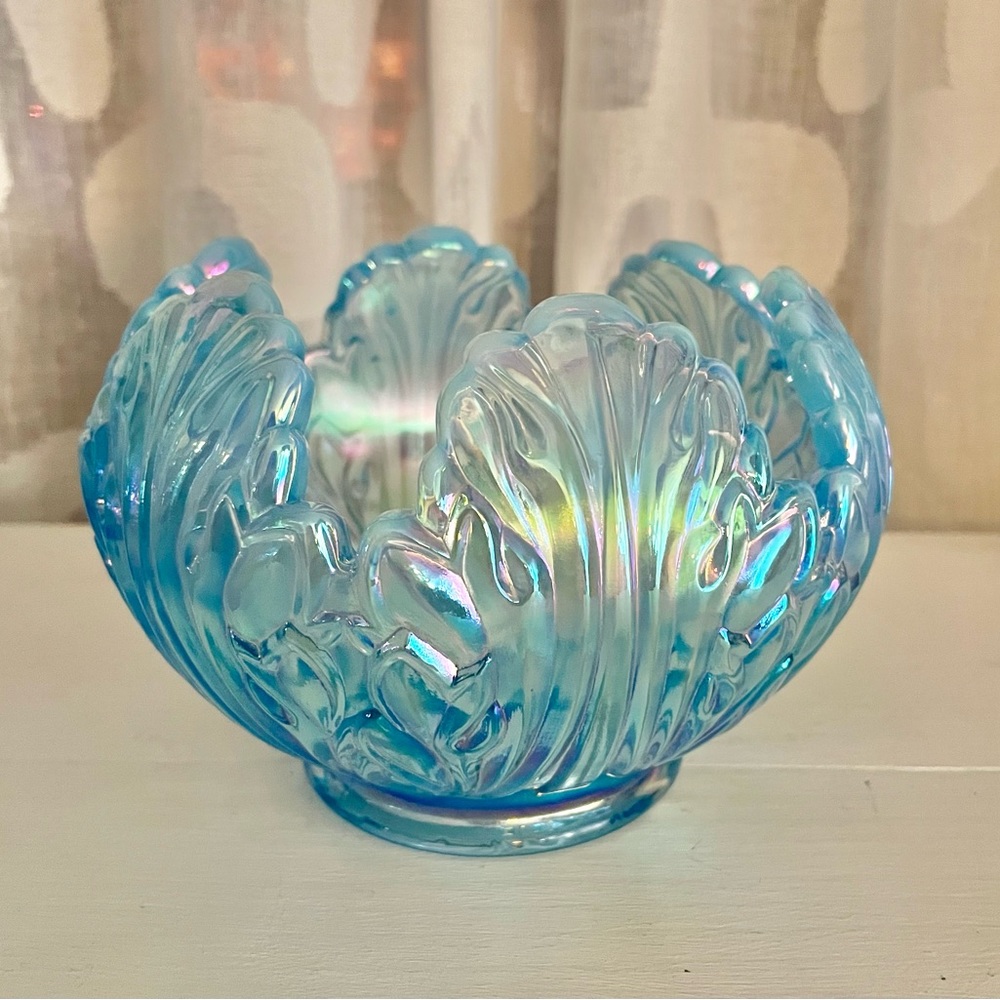 Vintage Fenton Opalescent Blue Glass Lotus Empress Rose Bowl Art Glass